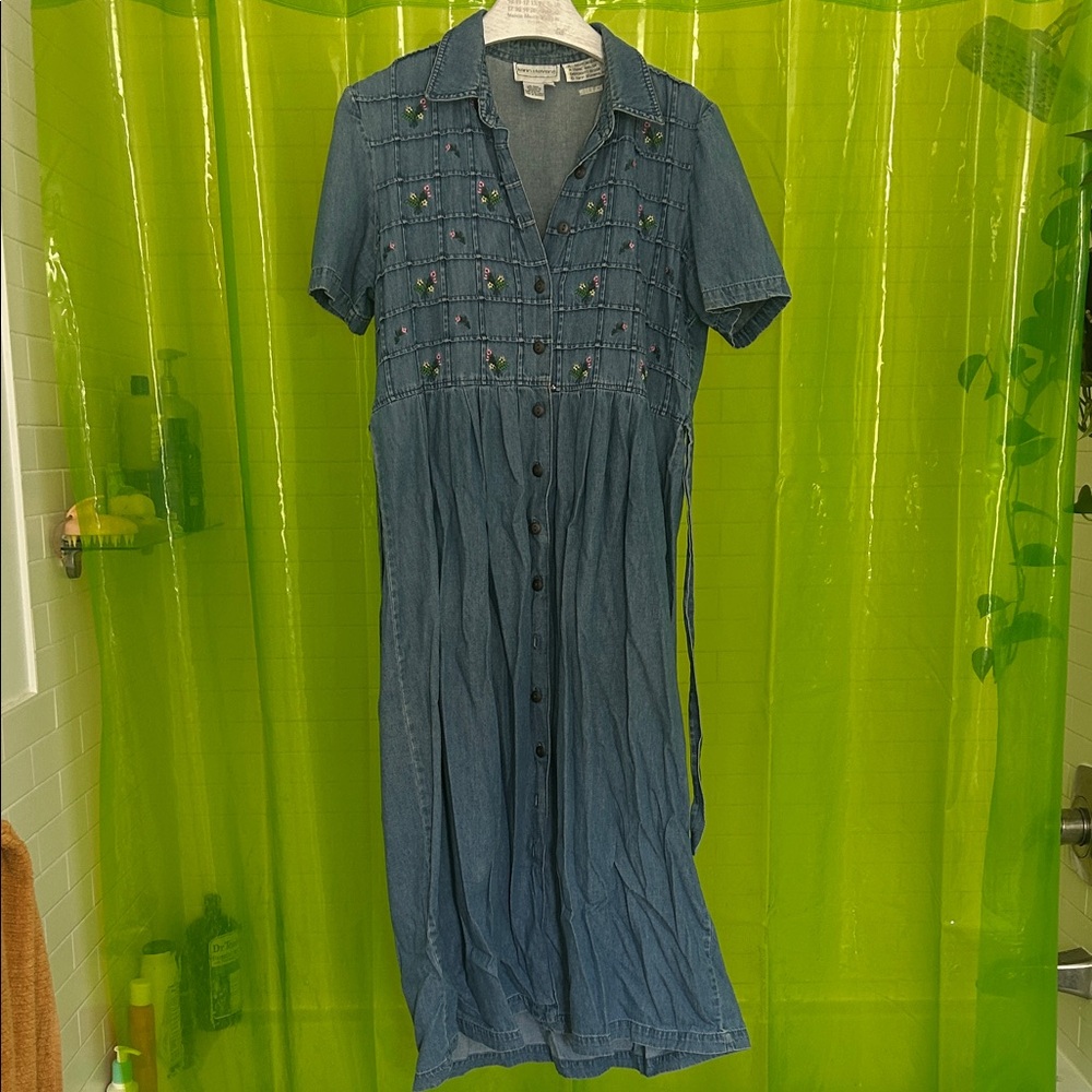 karin stevens Blue Denim Embroidered Button-Front Midi Dress